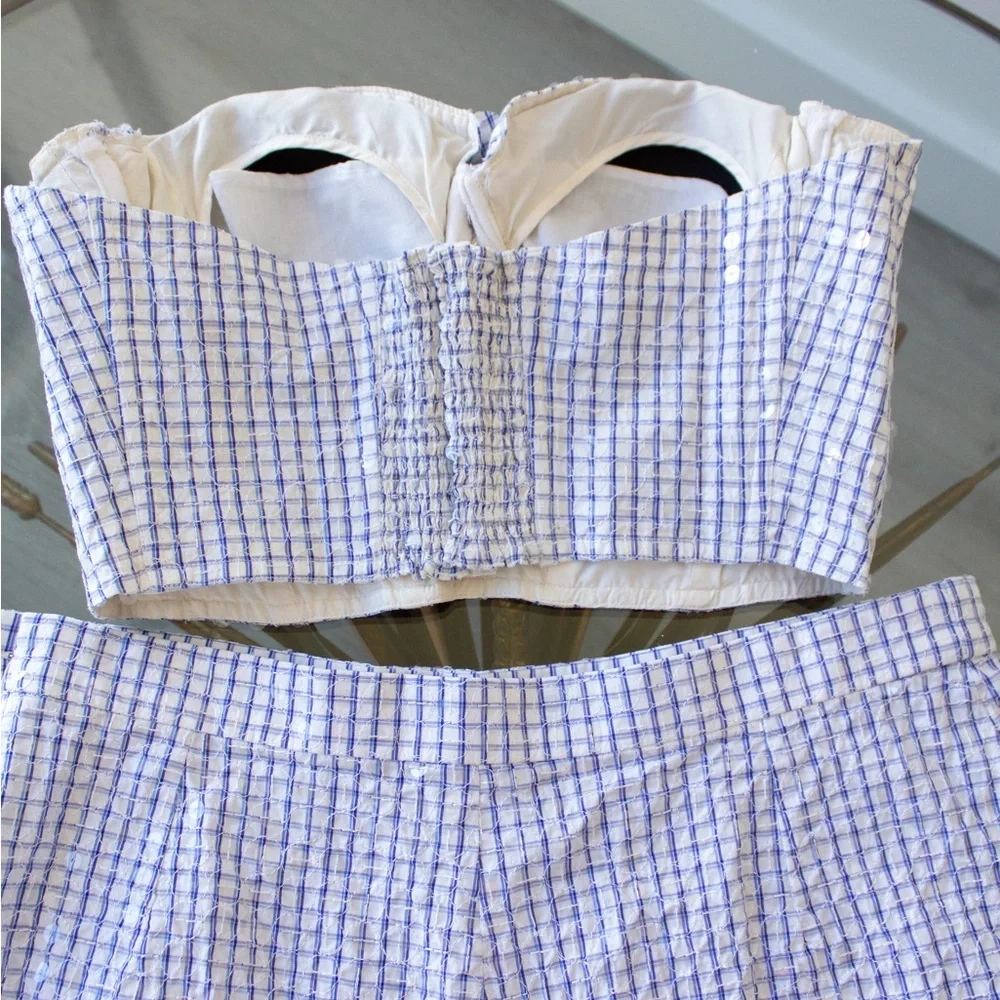 Rare Chanel Vintage Cruise 1995 Blue Gingham Bustier Shorts Camellia 95C Set - Picture 9 of 15